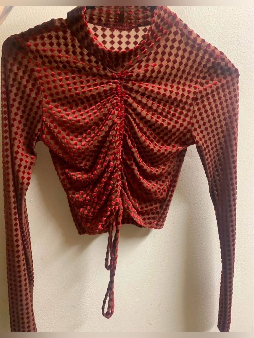 Red Ruched Long-Sleeve Cropped Top